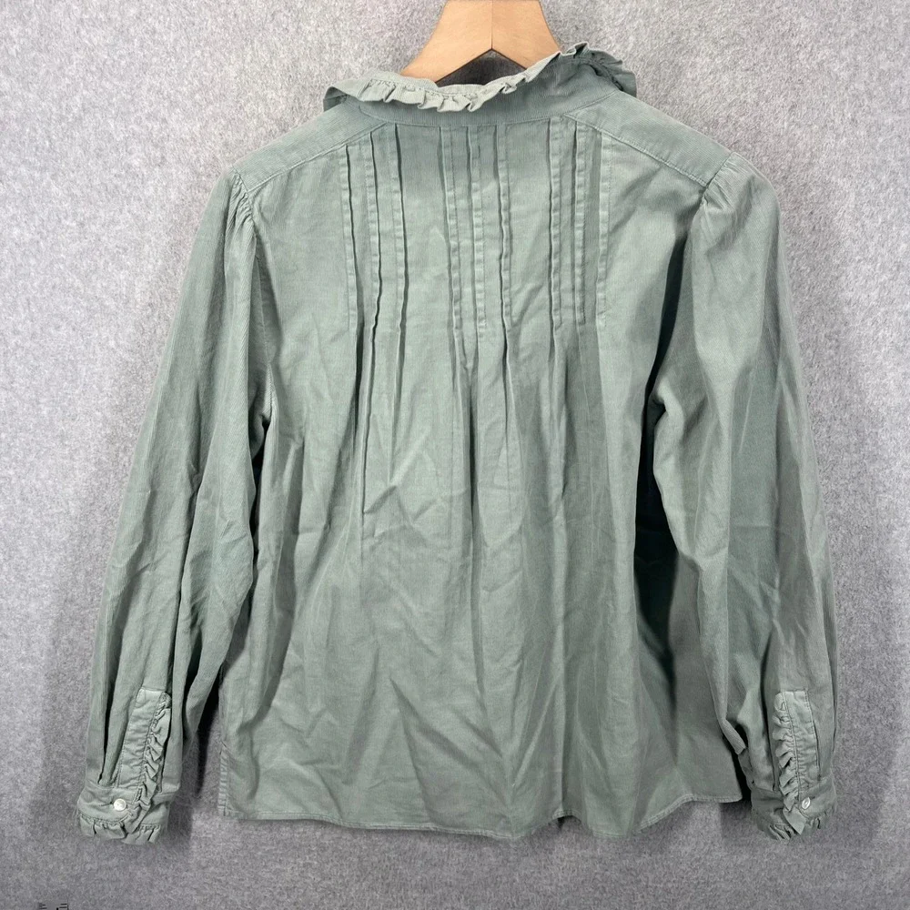 Wrap London Corduroy Ruffle Blouse Women Size 12 Green Long Sleeve Pleated EUC - Picture 3 of 6